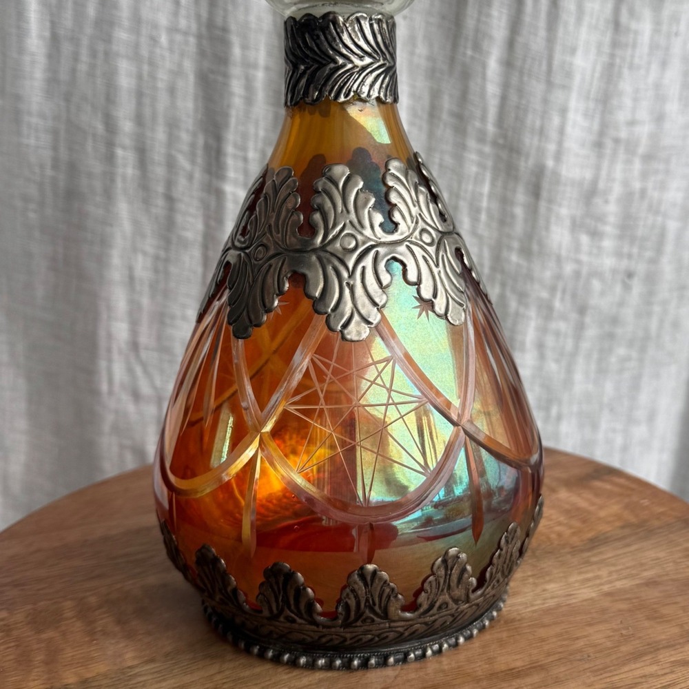 Vintage German Amber Iridescent Decanter Ornate Silver Metal Overlay 9.5" - Picture 2 of 9